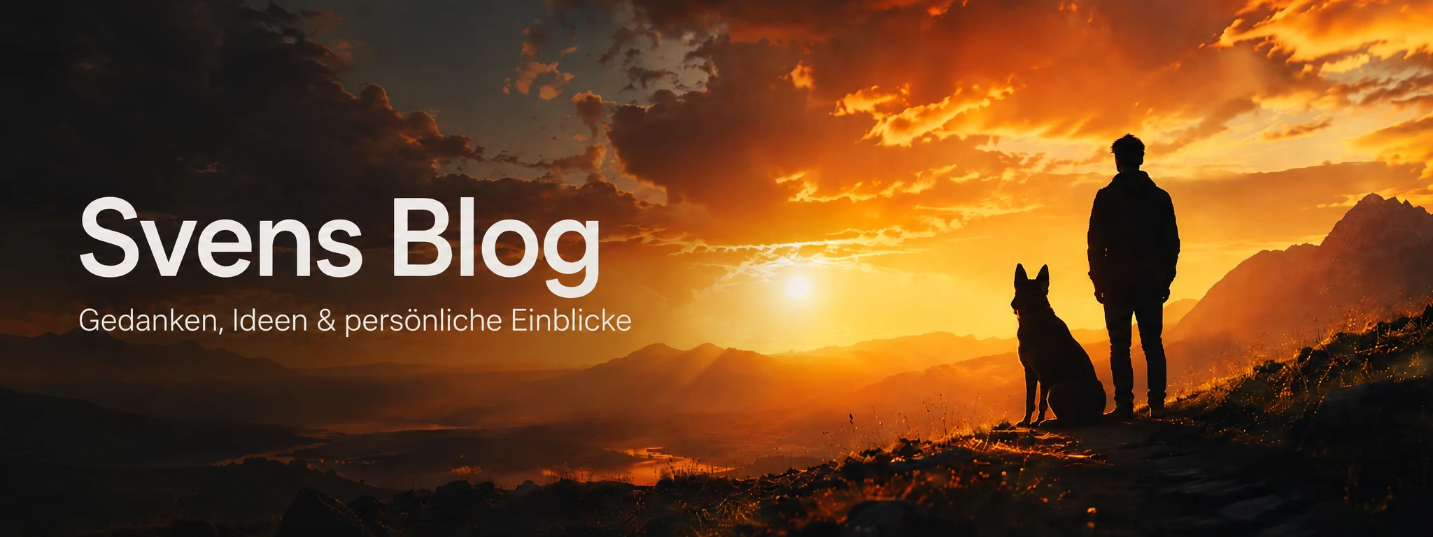 Sonnenuntergang über einer Berglandschaft mit der Silhouette eines Menschen und eines Hundes; Svens Blog – Gedanken, Ideen & persönliche Einblicke